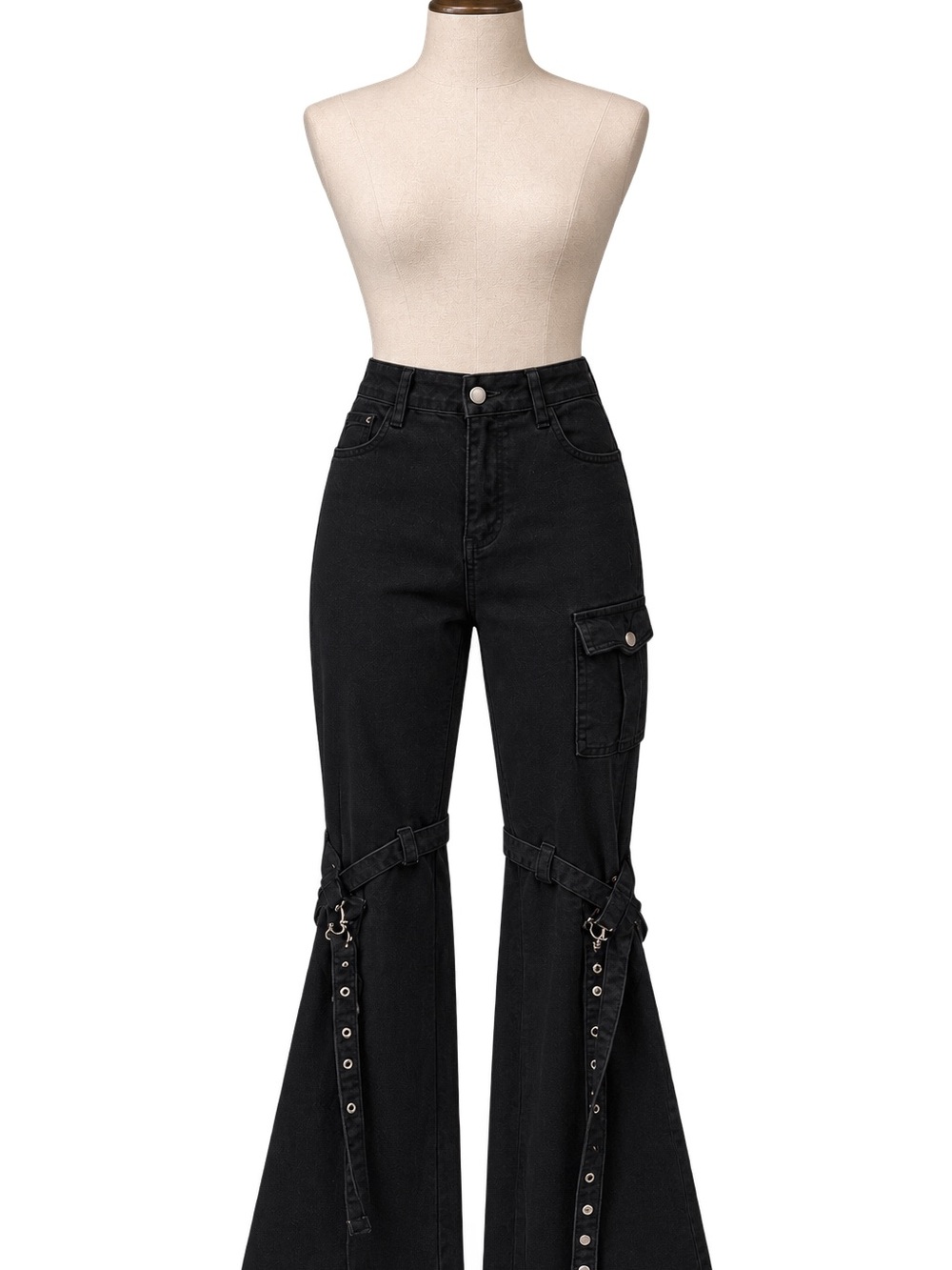 SHEIN Black High-Waist Cargo Flare Jeans with Straps